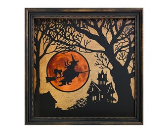 Gerahmte Halloween Hexe Silhouette Kunst - Vintage Style Halloween Dekor