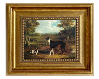 Greyhound and King Charles Spaniel Oil Painting Print on Canvas in Antiqued Gold Frame