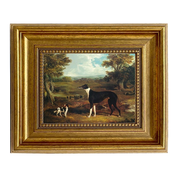 Greyhound and King Charles Spaniel Oil Painting Print on Canvas in Antiqued Gold Frame