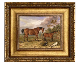 Cuadro al óleo enmarcado impreso en lienzo, caballos y perros, decoración de pared de estilo campestre inglés.