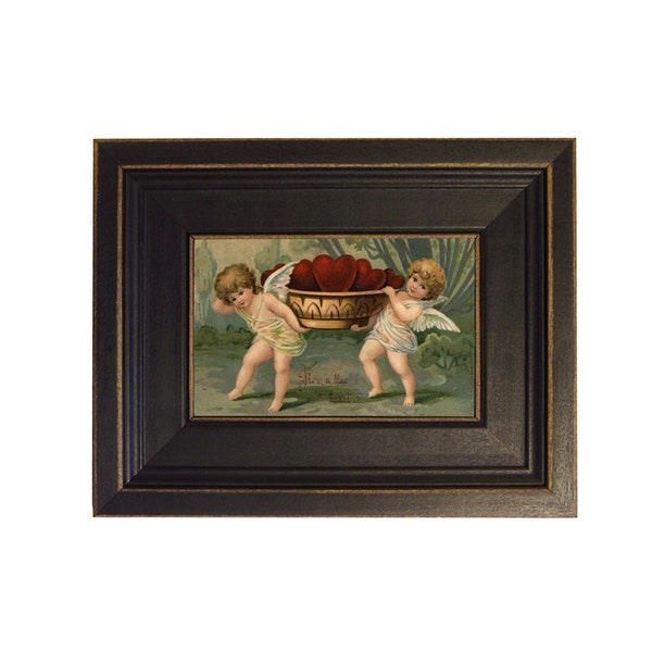 Angels with Bowl of Hearts Valentine's Framed Oil Painting Print on Canvas in Distressed Black Wood Frame