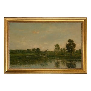 May include: A painting of a landscape with a river, trees, and a cloudy sky. The river is in the foreground and reflects the sky and trees. The trees are on the banks of the river and in the background. The sky is a light blue with white clouds.