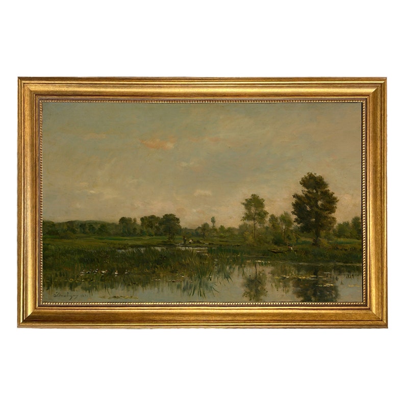 May include: A painting of a landscape with a river, trees, and a cloudy sky. The river is in the foreground and reflects the sky and trees. The trees are on the banks of the river and in the background. The sky is a light blue with white clouds.