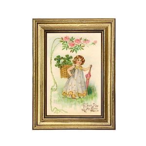 Little Girl with Clover and Roses 4x6" Antique Valentine's Postcard Print Behind Glass in Gold Frame