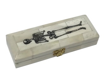 6-1/2" Skeleton-on-Coffin Black Engraved Scrimshaw Ox Bone Postage Stamp Box Antique Reproduction