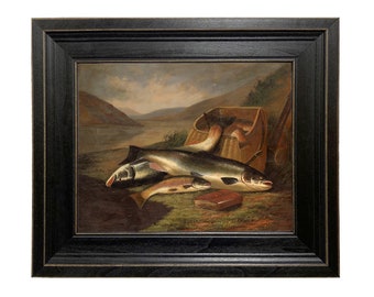 Framed Salmon & Brown Trout Print, Rustic Cabin Lakehouse Wall Art
