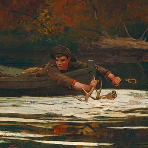 May include: A painting of a young man in a boat, reaching out to grab the antlers of a deer that is partially submerged in the water. The man is wearing a brown hat and a brown jacket. The water is a light blue color and the background is a dark green.