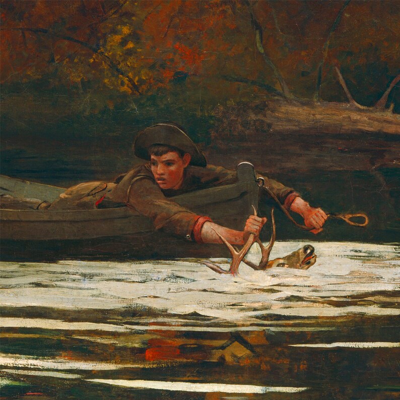 May include: A painting of a young man in a boat, reaching out to grab the antlers of a deer that is partially submerged in the water. The man is wearing a brown hat and a brown jacket. The water is a light blue color and the background is a dark green.