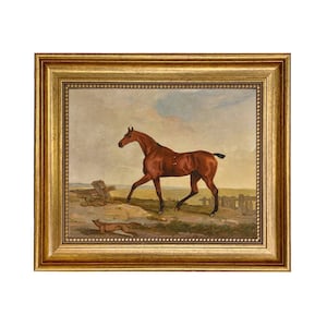 A Bay Hunter with a Fox at It&#39;s Side Framed Oil Painting Print on Canvas, Equestrian Wall Art, Framed Horse Print, Horse Gift, Antique Style