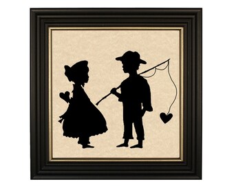 Silueta recortada en papel de "Pesca para San Valentín", estilo antiguo, arte de pared, decoración