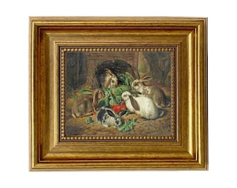 Framed Bunny Rabbits Oil Painting Print, Rustic Farmhouse Wall Art, Spring Decor