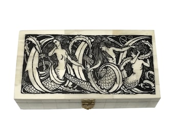 6-1/4" Mermaids Engraved Bone Box with Hinged Lid- Antique Reproduction