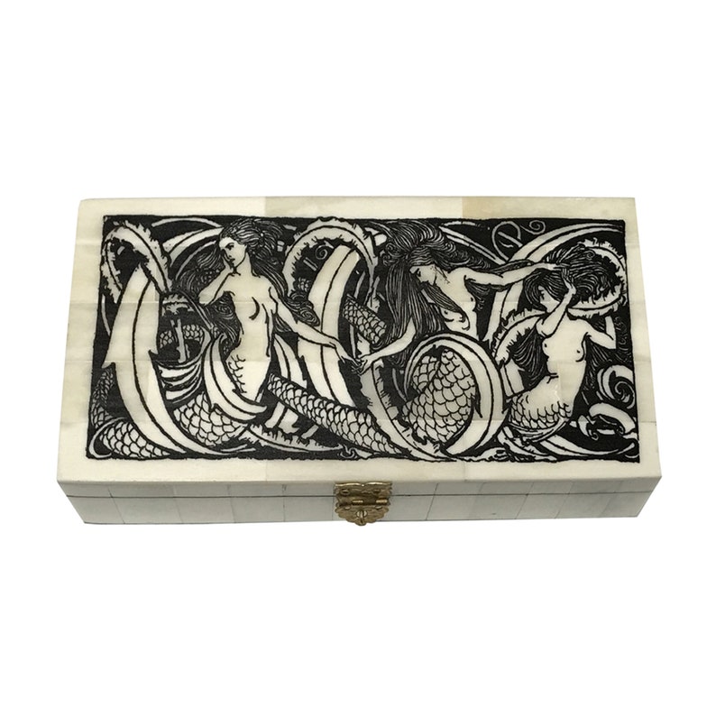 6-1/4 Mermaids Engraved Bone Box with Hinged Lid Antique Reproduction image 1