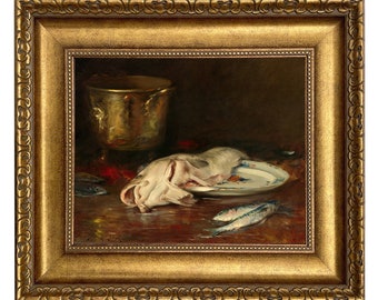English Cod Still Life Framed Oil Painting Print on Canvas, American, Food, Gallery Wall, Maximalist, Wall Art, Decor