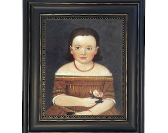 Framed Folk Art Portrait, Primitive Girl with Flower, Early American Decor