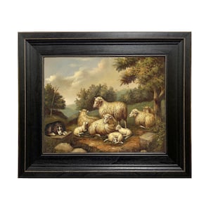 Sheep In Landscape Oil Painting Reproduction Print on Canvas in Distressed Black Solid Wood Frame