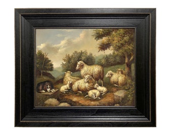 Sheep In Landscape Oil Painting Reproduction Print on Canvas in Distressed Black Solid Wood Frame