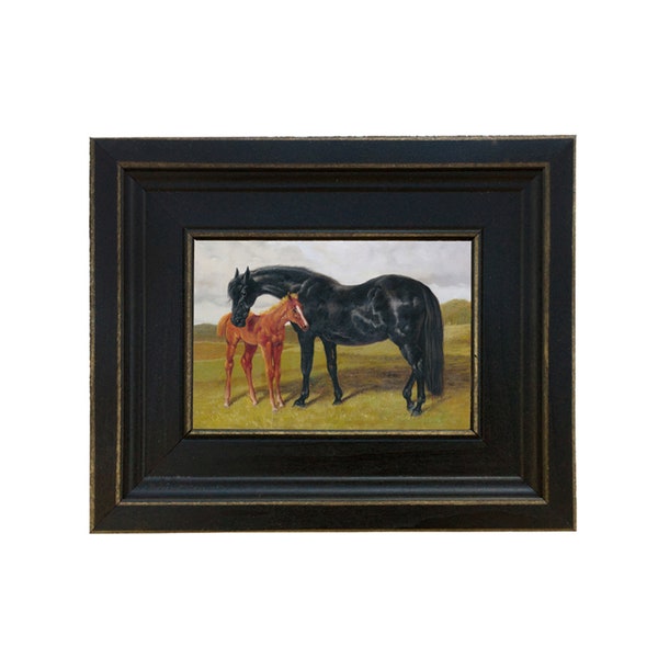 Mare and Foal in Landscape Framed Oil Painting Print on Canvas in Distressed Black Wood Frame