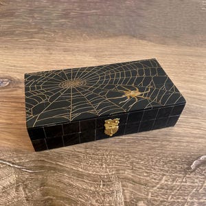 6-1/4&quot; Spider in Web Engraved Black Horn Box, Halloween Decor, Halloween Tabletop, Creepy Decor, Spooky Decor, Spider Gift