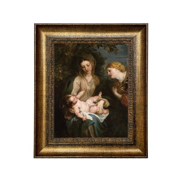 Virgin Mary and Christ Child with St. Catherine Framed Baroque Oil Painting Print on Canvas