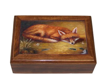 Wood Box with Red Fox Print, Small Jewelry Box, Cabin Decor