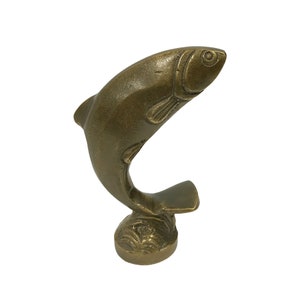 4-1/2&quot; Antiqued Brass Jumping Trout Paper Weight, Antique Vintage Reproduction, Gift for Fisherman, Cabin Decor, Lake House Decor
