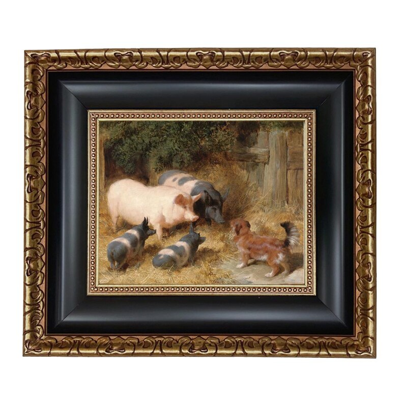 May include: Framed artwork depicting a pastoral scene with pigs and a dog. The painting features a black frame with a gold ornate inner border. The artwork shows a light pink pig, two black pigs, and three smaller pigs with black and white markings, along with a brown dog.