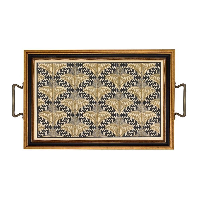 May include: Rectangular serving tray with a gold and black frame, featuring a geometric pattern in beige, black, and white. The tray has brass handles on each side, offering a stylish and functional design for serving.