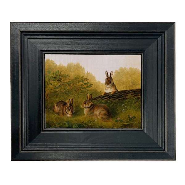 Rabbits in the Field Oil Painting Print Reproduction On Canvas In Distressed Black Solid Wood Frame