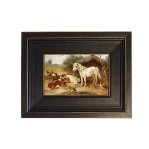 Witte pony met boerderijdieren ingelijst olieverfschilderij op canvas in verweerde zwarte houten lijst. Een ingelijste kaart van 4 x 6 inch op een formaat van 7-1 / 2 x 9 1/2 inch.
