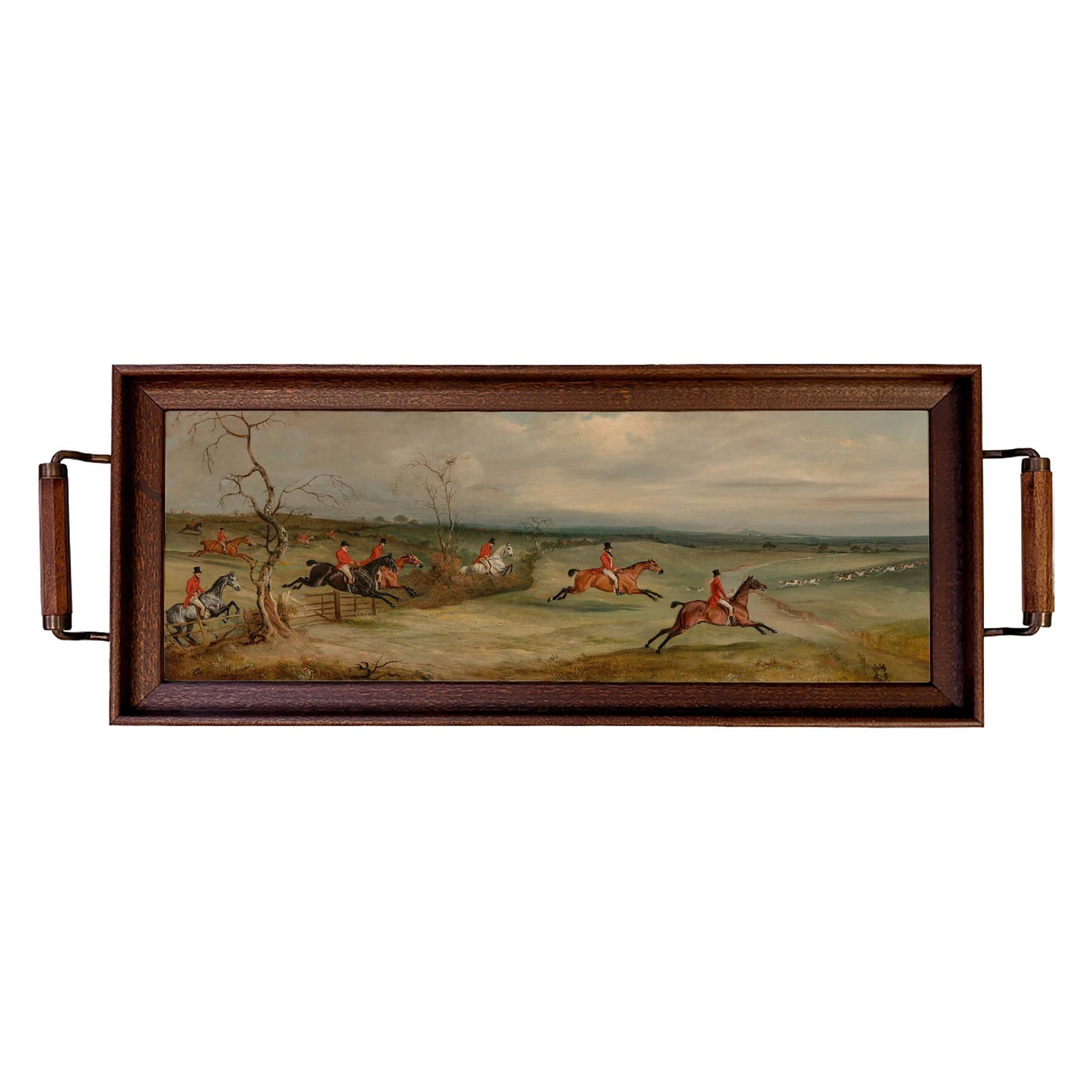Belvoir Fox Hunting Scene Handmade Wood and Glass Tray, English Equestrian Decor