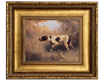 On Point English Pointer Oil Painting Print on Canvas in Wide Antiqued Gold Frame