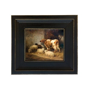 Cow and Sheep Framed Oil Painting Print on Canvas in Distressed Black Wood Frame. A 5 x 6" framed to 8-1/2 x 9-1/2".