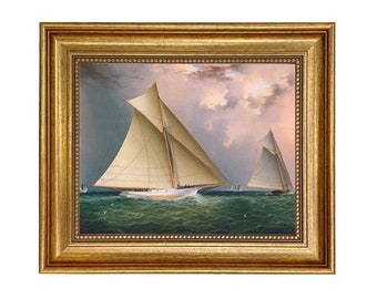 Mischief and Gracie Schooner Race Oil Painting Print Reproduction by James E Buttersworth on Canvas in Antiqued Gold Frame