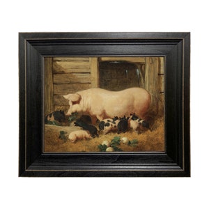 Zeug met biggen ingelijst olieverfschilderij, boerderijdierenkunst, boerderijdecor, ingelijste dierenprint, vintage varkensprint
