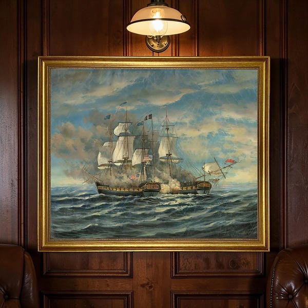 Framed Battleship Canvas Print, USS Constitution vs HMS Guerriere, War of 1812, Nautical Decor