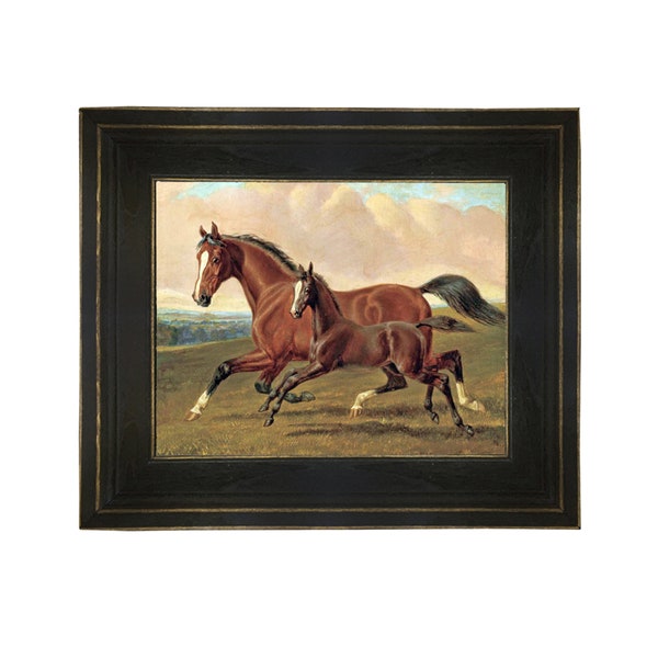 Elder Mare and Foal by John Herring Framed Oil Painting Print on Canvas in Distressed Black Wood Frame