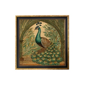 May include: A framed print of a peacock with a green and blue body and a long tail of green and gold feathers. The peacock is standing in a garden setting with green foliage.