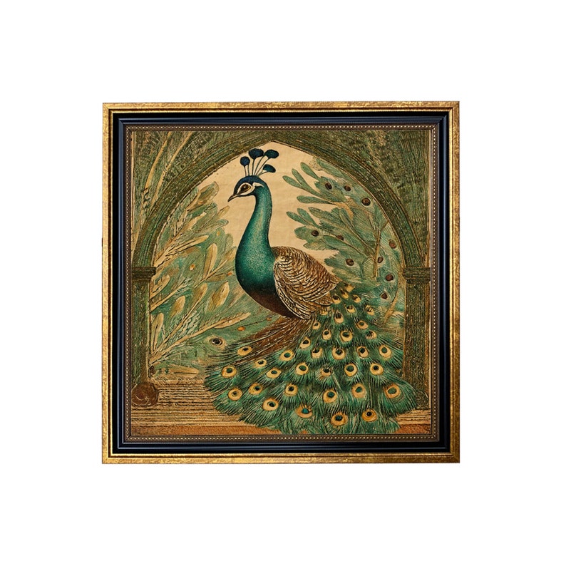 May include: A framed print of a peacock with a green and blue body and a long tail of green and gold feathers. The peacock is standing in a garden setting with green foliage.