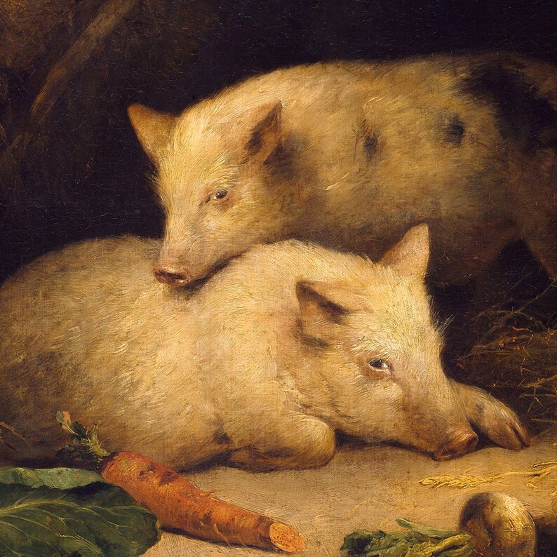 May include: An oil painting depicts two light-colored pigs, one resting and the other standing behind it. A carrot and green leaves are in the foreground. The pigs have pink snouts and ears. The background is dark, with straw visible.
