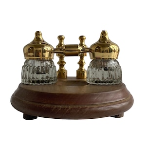 Wood and Polished Solid Brass Dual Inkwell Stand- Antique Vintage Style
