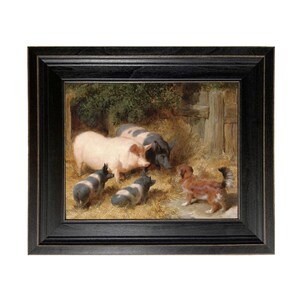 May include: Framed artwork depicting a farm scene with pigs and dogs. The painting features a light pink pig, two black pigs, and several small dogs with black and white markings. The artwork is set in a barnyard with hay and a wooden fence.