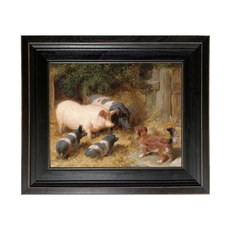 May include: Framed artwork depicting a farm scene with pigs and dogs. The painting features a light pink pig, two black pigs, and several small dogs with black and white markings. The artwork is set in a barnyard with hay and a wooden fence.