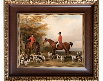 The Meeting Fox Hunt Scene Framed Oil Painting Print on Canvas, English Country, Equestrian, Decor