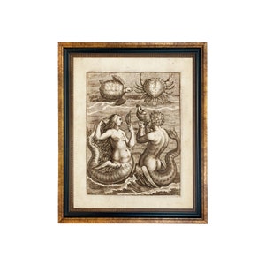 Mermaid & Merman Nautical Coastal Mythical Illustration Print, Framed Behind Glass, Mermaid Wall Art, Mermaid Gift, Nautical Wall Art
