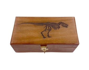 Boîte en bois de teck gravée dinosaure Tyrannosaurus Rex 6"