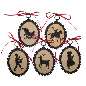 Set of 5 Christmas Silhouette Ornaments (Set B) with Red Ribbon, Colonial Decor, Early American, Primitive Christmas, Colonial Christmas