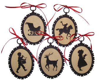 Set of 5 Christmas Silhouette Ornaments (Set B) with Red Ribbon, Colonial Decor, Early American, Primitive Christmas, Colonial Christmas