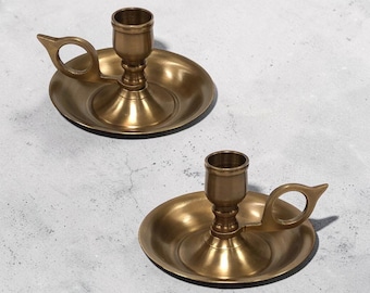 Antique Brass Brighton Bun Chamberstick Set: Colonial Travel Candlesticks