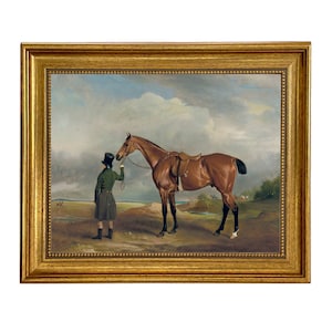 Horse and Groomer Framed Oil Painting Print on Canvas, Framed Equestrian Print, Equestrian Wall Art, Vintage Style Horse Print
